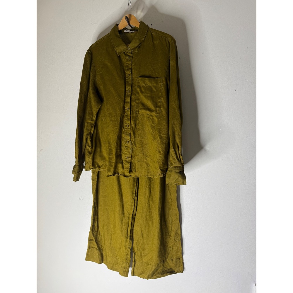 Mango MNG Olive Green Linen Shirt (10) and Wide Leg Pants (xl) Set